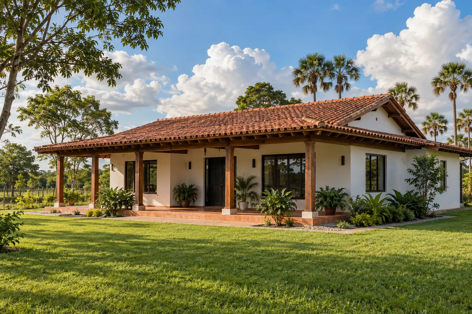 Ilustración: casa campestre de un piso con corredor de madera en los Llanos