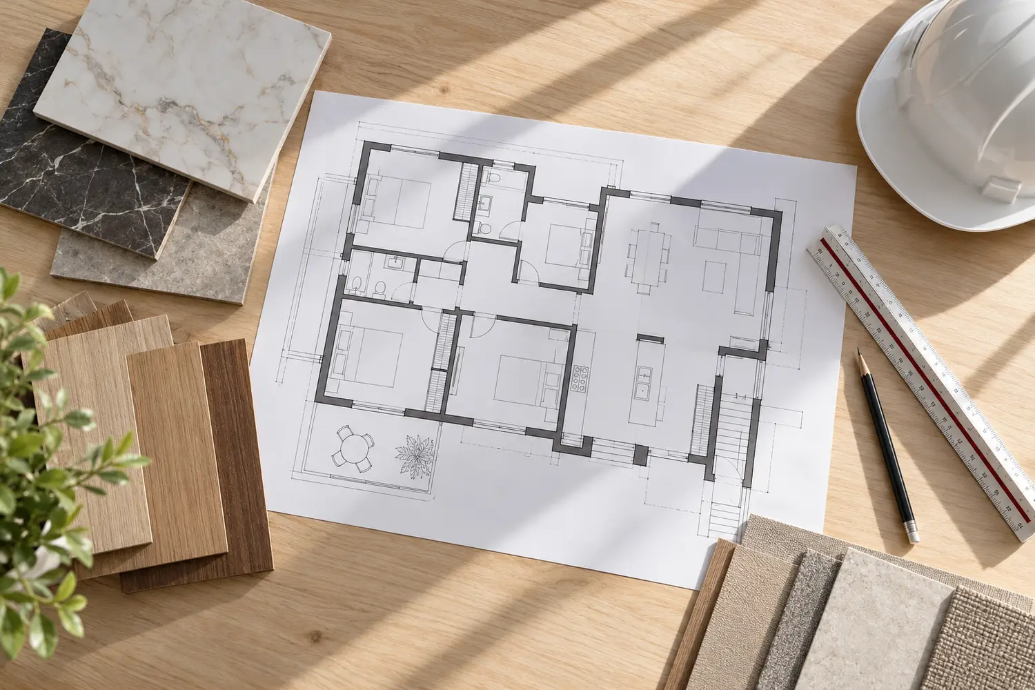 Ilustración: plano arquitectónico y muestras de materiales sobre una mesa